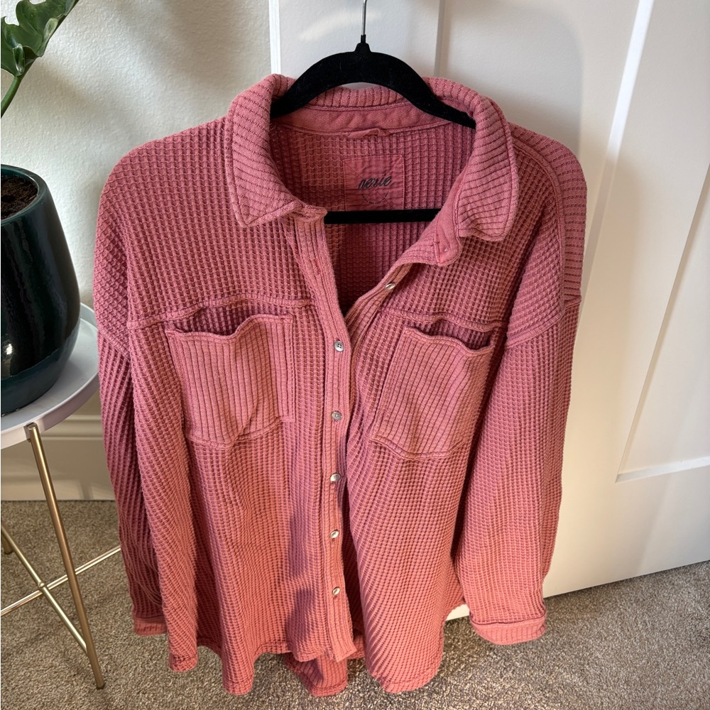 Aerie Pink Waffle Knit Button-Up Shirt